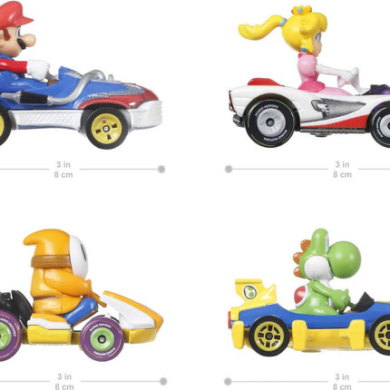 Hot Wheels Mario Kart, Lot de 4 véhicules, 4 personnages favoris des fans, Inclut 1 modèle exclusif, Cadeau de collection pour les enfants et les fans de 3 ans et plus