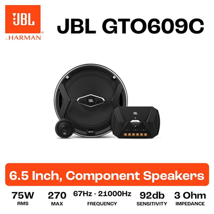 JBL Car GTO 609C 6.5 Inch 2-Way Component Speaker System Including x2 Midrange Speakers and x2 Tweeters - Black