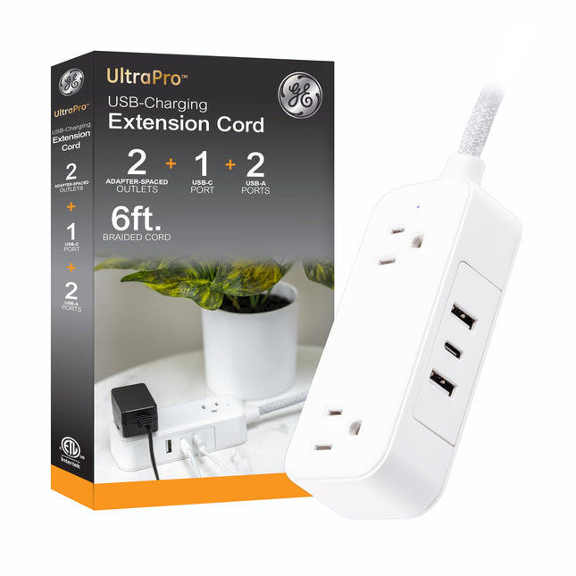 GE Flat Plug Power Strip Extension Cord with USB P