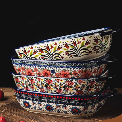 Bicuzat Red Daisy Flower Vintage Style Ceramic Bakeware Casserole Dish Baking Pan Lasagna Pans Baking Dish with Handles for Oven/Cooking/Kitchen-1 PCS, 60 OZ