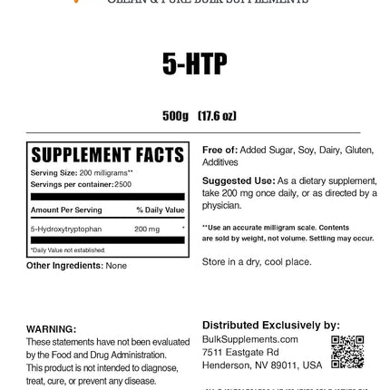 BulkSupplements.com 5-HTP (Griffonia Seed Extract) (500 Grams - 1.1 lbs - 2500 Servings)