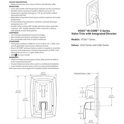 Moen UT3611BN Voss Collection M-CORE 3-Series 2-Handle Shower Trim with Integrated Transfer, Valve Required, Brushed Nickel