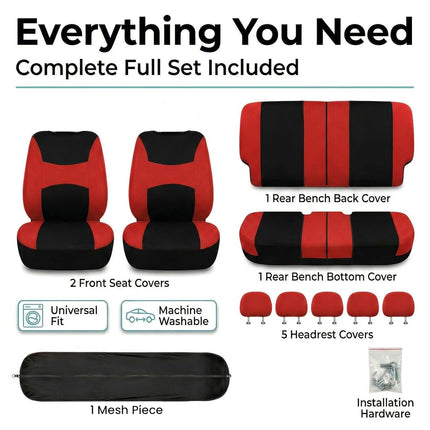 FH Group Light & Breezy Cloth Car Seat Covers, 7 Seater Three Row Set- Airbag & Split Ready -Universal for Cars Trucks and SUVs (Red/Black)