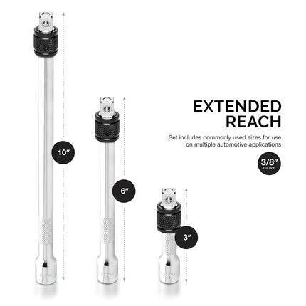 Neiko 00295A 3/8" Drive Locking Extension Bars for Removing Sockets and Sparkplugs, 3 Piece | 3", 6", 10", Cr-V