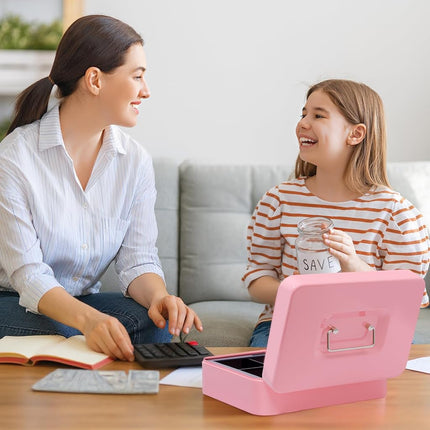 Cash Box with Combination Lock, Money Tin Box with Coin Tray, Lockable Cash Tin for Money Saving Medium 20 * 16 * 9cm Black (Large-Pink1)