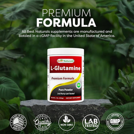 Best Naturals L-Glutamine Powder - 1 Pound - 100% Pure and free form - Glutamine Recovery Powder - Clinically Proven Recovery Aid for Men and Women