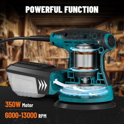 DOVAMAN 350W Random Orbital Sander, Electric Sander for Wood & Metal, 6 Variable Speeds up to 13000RPM, 125mm Sanding Pad, Dust Collection Box & 12Pcs Sandpapers, Power Sanding Machine for DIY