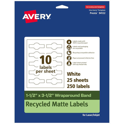 Avery EcoFriendly Matte White Recycled Cigar Labels, 1.5" x 3.5", Print-to-The-Edge, Matte White Labels, Permanent Label Adhesive, Laser/Inkjet, 250 Printable Labels