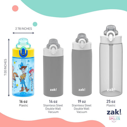 Zak Designs Disney Pixar Toy Story Sage Kids Water Bottle For School or Travel, 16oz Durable Plastic Water Bottle With Straw, Handle, and Leak-Proof, Pop-Up Spout Cover (Woody & Friends)
