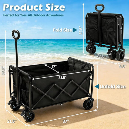 Folding Wagon, Extra Long Extender, Heavy Duty All-Terrain Wheels for Camping, Sports, Shopping, 330 lbs Capacity, Collapsible Cart for Beach, Sand and Large Events,Black (Black-Blue001)