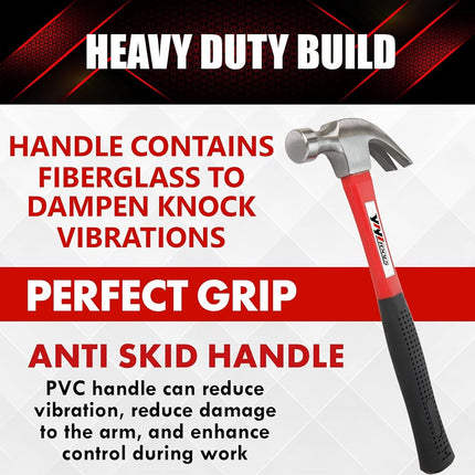 YIYITOOLS Claw Hammer with Fiberglass Handle – 16-oz, Red and Black