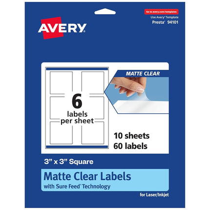 Avery Matte Clear Square Labels, Sure Feed Technology, 3" x 3", 60 Matte Clear Labels, Print-to-The-Edge, Laser/Inkjet Printable