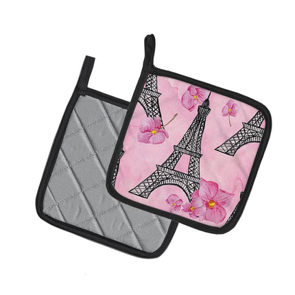 Caroline's Treasures BB7511PTHD Watercolor Pink Flowers and Eiffel Tower Pair of Pot Holders, 7.5HX7.5W, Multicolor