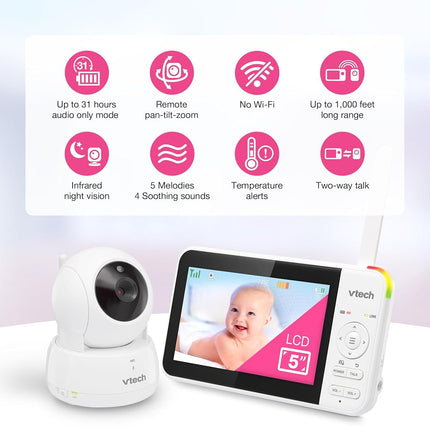 *Spanish Version* VTech VM924 Remote Pan-Tilt-Zoom Video Baby Monitor, 5" LCD Screen, Up to 17 Hrs Video Streaming, Night Vision, Up to 1000ft Range, Soothing Sounds, 2-Way Talk, Temperature Sensor