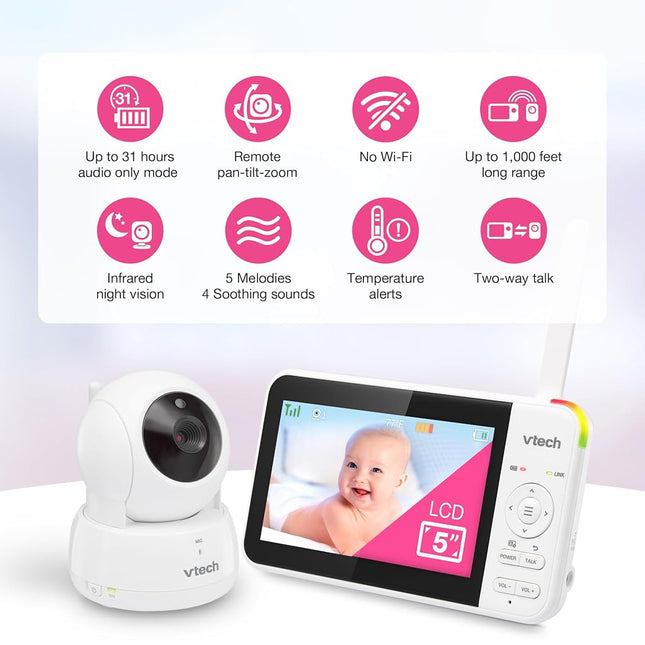 *Spanish Version* VTech VM924 Remote Pan-Tilt-Zoom Video Baby Monitor, 5" LCD Screen, Up to 17 Hrs Video Streaming, Night Vision, Up to 1000ft Range, Soothing Sounds, 2-Way Talk, Temperature Sensor