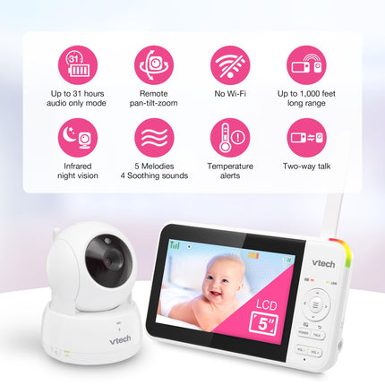 *Spanish Version* VTech VM924 Remote Pan-Tilt-Zoom Video Baby Monitor, 5" LCD Screen, Up to 17 Hrs Video Streaming, Night Vision, Up to 1000ft Range, Soothing Sounds, 2-Way Talk, Temperature Sensor