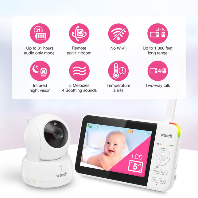 *Spanish Version* VTech VM924 Remote Pan-Tilt-Zoom Video Baby Monitor, 5" LCD Screen, Up to 17 Hrs Video Streaming, Night Vision, Up to 1000ft Range, Soothing Sounds, 2-Way Talk, Temperature Sensor