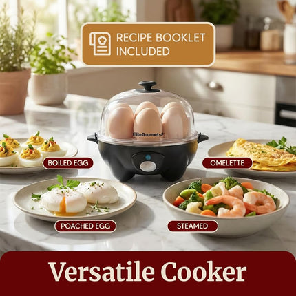 Elite Gourmet EGC-007B# Rapid Egg Cooker, 7 Easy-To-Peel, Hard, Medium, Soft Boiled Eggs, Poacher, Omelet Maker, Auto Shut-Off, Alarm, 16-Recipe Booklet, BPA-Free, Black