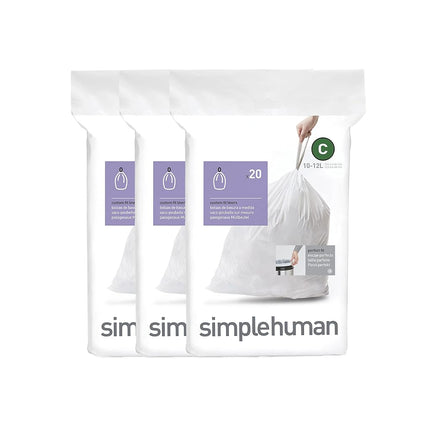 simplehuman CW0252, forro de cubo de basura a medida código C, paquete a granel, plástico blanco (paquete de 3 de 20 unidades, 60 forros en total)
