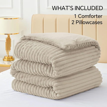 BEDELITE Fleece Queen Comforter Set, Fluffy Bed Set, Linen