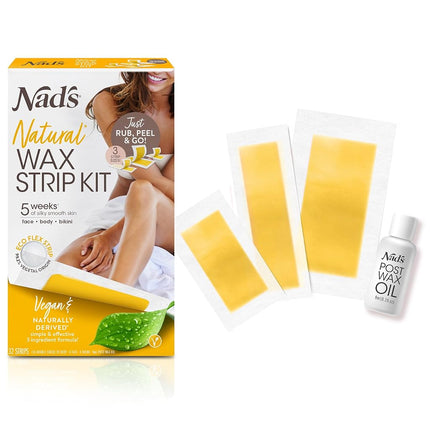 Nad's Natural Waxing Strips Kit, Wax Hair Removal For Women, Vegan Waxing Kit, Includes 6 Face Wax Strips + 20 Body Wax Strips + 6 Bikini Wax Strips + Post Wax Oil, 32 Count (Pack of 1)