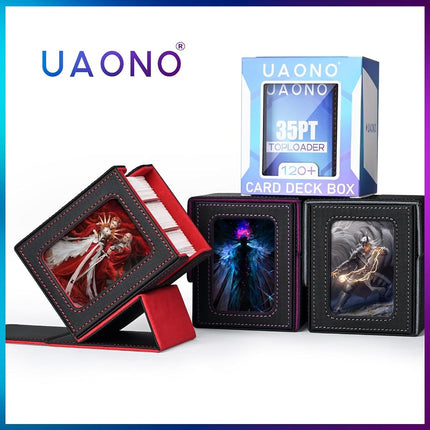 UAONO Card Deck Box with Command Display, Holds 100+ Double-Sleeved Cards, Storage Box Fits FFG/PTCG/Sports Cards with 2 Dividers, 1 Toploader (Black, Purple)