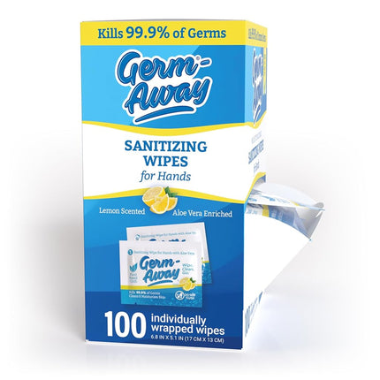 Germ-Away Large Antibacterial Hand Wipes Individually Wrapped Wipes, Travel Size Hand Sanitzer Wipes with Aloe in Dispenser Box, 100 ct Lemon Scent (100 wipes) (Pack of 1)