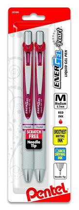 Bolígrafo de gel líquido retráctil Pentel EnerGel Pearl, punta de aguja (0.7 mm), trazo mediano, tinta roja, paquete de 2 (BLN77WBP2B)