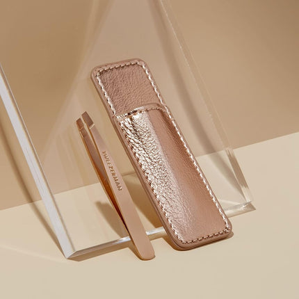 TWEEZERMAN Mini Tweezers with Leather Case (Slanted Tip for Eyebrow Plucking, Travel Size) Rose Gold