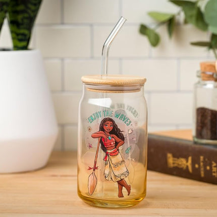 Silver Buffalo Disney Moana “Enjoy The Waves” Glass Tumbler with Bamboo Lid and Glass Straw, 16 Ounces