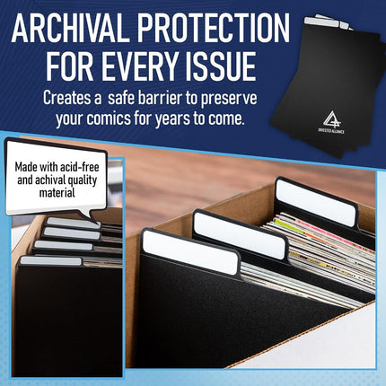 Black Comic Book Dividers (25 Pack) | 30PT Polyethylene Plastic, Bins, Cabinets, Library Dividers, Comic Book Boards for Fabric Storage, Divider with Write-On Index Folding Tab, Archival & Acid Free.