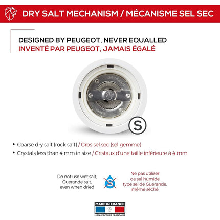 PEUGEOT - Paris u'Select 22 cm Salt Mill - 6 Predefined Grind Settings - Made With PEFC Certified Wood - Made In France - White Laquered Colour