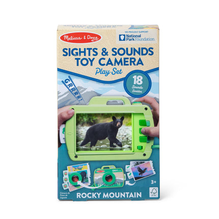 Melissa & Doug Set de juego de cámara de juguete de madera Sights and Sounds del Parque Nacional de las Montañas Rocosas - Certificado FSC