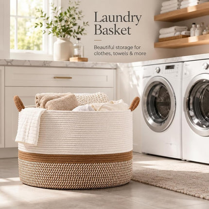 KAKAMAY Large Blanket Basket (20"x13"),Woven Baskets for storage Baby Laundry Hamper, Cotton Rope Blanket Basket for Living Room, Laundry, Nursery, Pillows, Baby Toy chest (White/Brown)