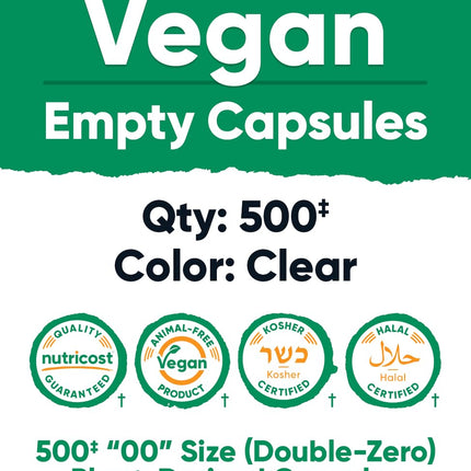 Nutricost Gélules Vides Taille 00 Véganes 500 Gélules Vides Transparentes à Base de Plantes Certifiées Casher, Certifiées Halal, Sans OGM, Sans Soja, Sans Gluten, Végétarien