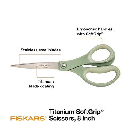 Fiskars SoftGrip Titanium Scissors - Contoured Performance All Purpose - 8" Titanium - Straight Paper Scissors for Office, and Arts and Crafts - 3-Count