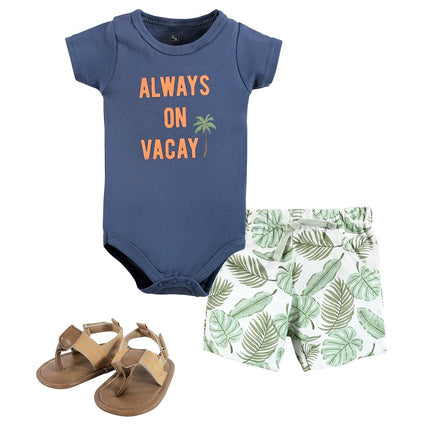 Hudson Baby Unisex Baby Cotton Bodysuit, Shorts and Shoe Set, Vacay, 3-6 Months