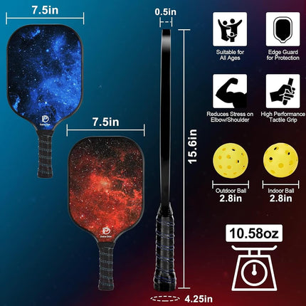 DULCE DOM Pickleball Paddles Set of 2/4, 4 Indoor Outdoor Pickleball Balls, Fiberglass Surface Paddle Racket with Cover Bag Training Equipment for Men Women (Starry Sky)