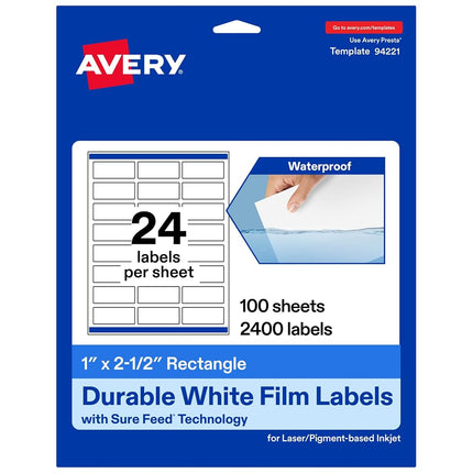 Avery Durable Waterproof Rectangle Labels with Sure Feed, 1" x 2.5", 2,400 Oil and Tear-Resistant Waterproof Labels, Laser/Pigment-Based Inkjet Printable Labels