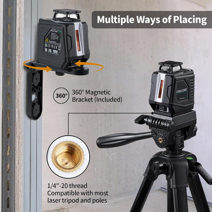 Firecore 360° Laser Level with Tripod, 30m Self Leveling Laser Level Green Cross Line Laser Leveler Tool for Picture Hanging Wall Tile Floor Construction, 1.5m Compact Tripod & Carry Pouch Included