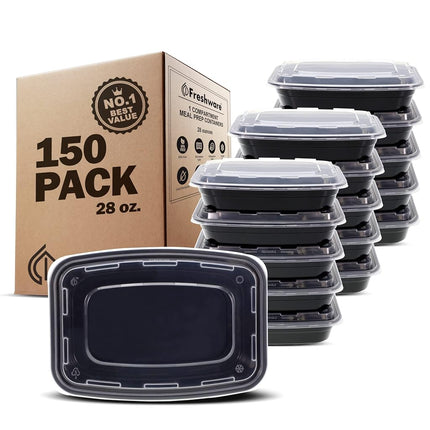 Freshware Boîtes de conservation repas [Lot de 150] Boîtes de conservation alimentaire à 1 compartiment avec couvercles, boîte Bento, sans BPA, empilables, micro-ondes/lave-vaisselle/congélateur (28 oz)