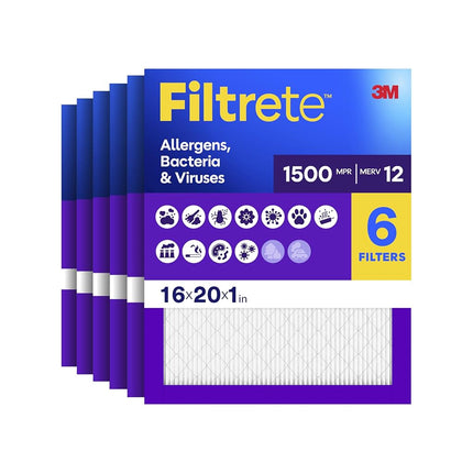 Filtro de aire Filtrete de 16x20x1, MPR 1500, MERV 12, filtros de aire plisados de 1 pulgada para alérgenos ultra de vida saludable de 3 meses, 6 filtros