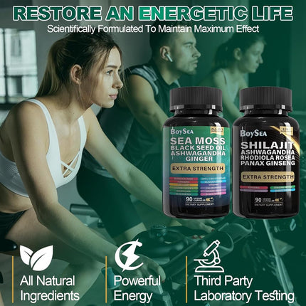 Boysea.Sea Moss and shilajit Bundle - 90 Count - Sea Moss 7000mg, Black Seed Oil 4000mg, Ashwagandha 2000mg, Ginger & Shilajit 9000mg, Rhodiola Rosea 1000mg, All in 1 Supplements (1 Pack)
