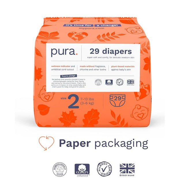 Pura Hypoallergenic Diapers Size 2 (7-13 lbs) Monthly Pack, Totally Chlorine Free, Wetness Indicator, Suitable for Sensitive Skin, Soft Organic Cotton Comfort, Overnight, 6 Packs of 29 (174 Diapers)