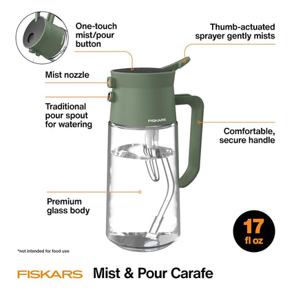 Fiskars 2-in-1 Mist & Pour Watering Carafe, Glass Plant Mister with Thumb Pump Sprayer, Precision Spout for Indoor Gardening, 17 oz Capacity, Modern Décor Style, Clear