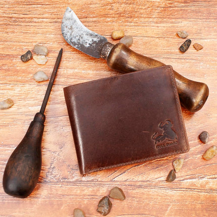 Billetera de Cuero Bifold para Hombre con RFID y Ventana para Identificación Desplegable en Marrón Búfalo Vintage, Marrón Grizzly Salvaje, Billetera Bifold