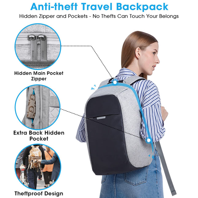 Mochila antirrobo oscaurt - Mochila de viaje para portátil de 15,6 pulgadas con cremallera oculta y puerto de carga USB - Bolsa de ordenador de negocios impermeable para hombres y mujeres