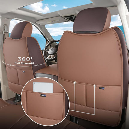Truckiipa Seat Covers for Dodge Ram 1500 Full Set, Full Coverage Waterproof Leather Protectors Pickup Truck Accessories, Custom Fit for 2002-2023 Ram 1500 2500 3500 Crew Mega Cab, Brown