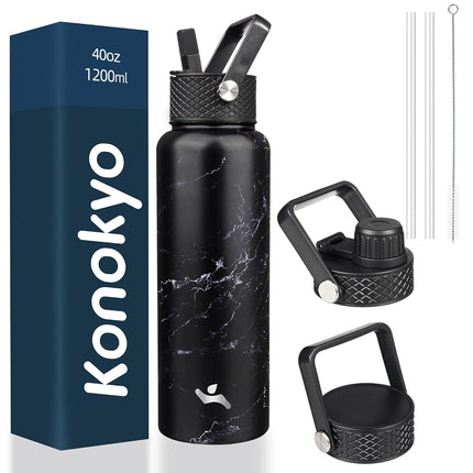 Konokyo 40oz Insulated Water Bottle Sport Stainless Steel Water Bottles with 3 Lids,Marble Midnight