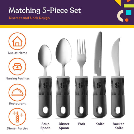 (Black) - Adaptive Utensils (4-Piece Kitchen Set) Wide, Non-Weighted, Non-Slip Handles for Hand Tremors, Arthritis, Parkinson's or Elderly use Stainless Steel Knife, Fork, Spoons - Black